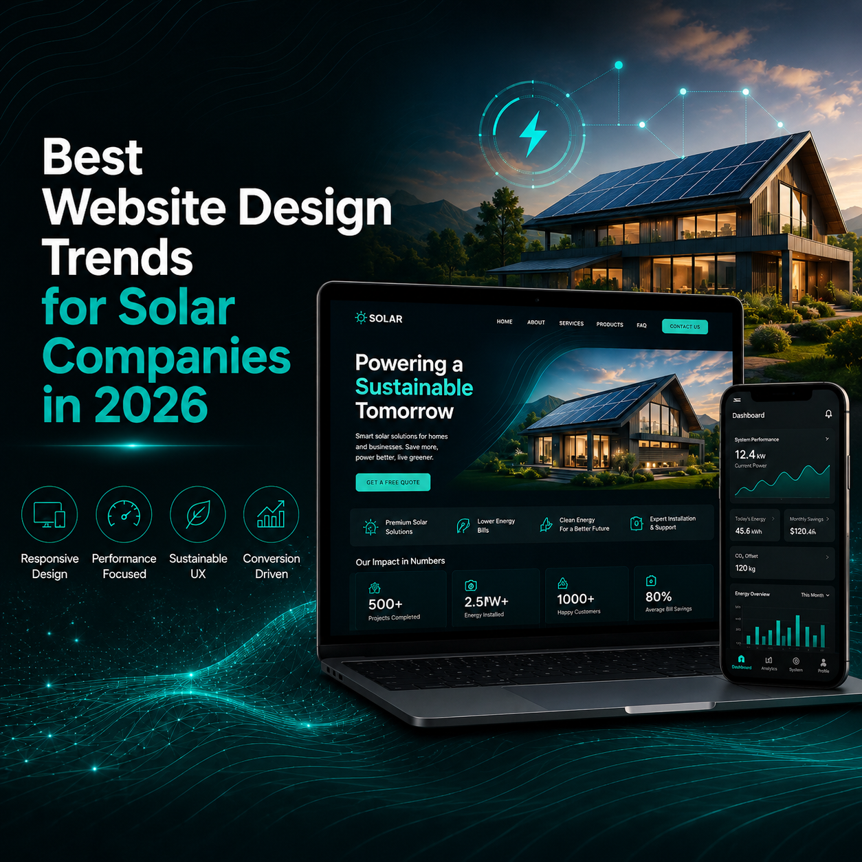 Modern solar company website showcasing the latest website design trends for lead generation & customer engagement in 2026.