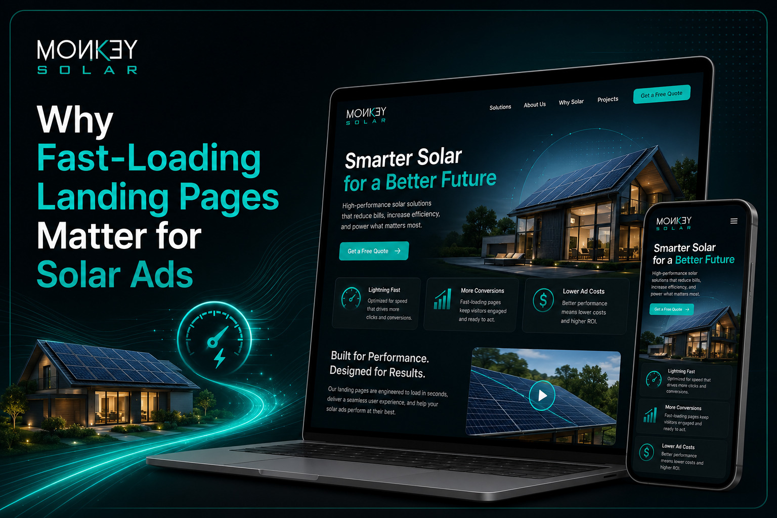 Website speed optimization for solar ads showing a fast-loading solar energy landing page on desktop & mobile devices with conversion-focused design elements.
