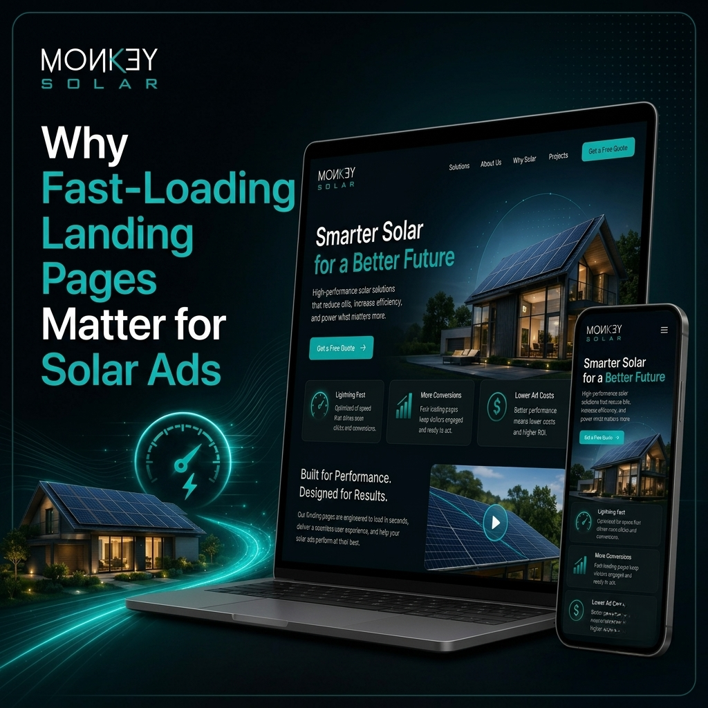 Website speed optimization for solar ads showing a fast-loading solar energy landing page on desktop & mobile devices with conversion-focused design elements.