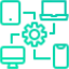 Different devices connected to center gear icon showing any where, any device access of solar CRM software