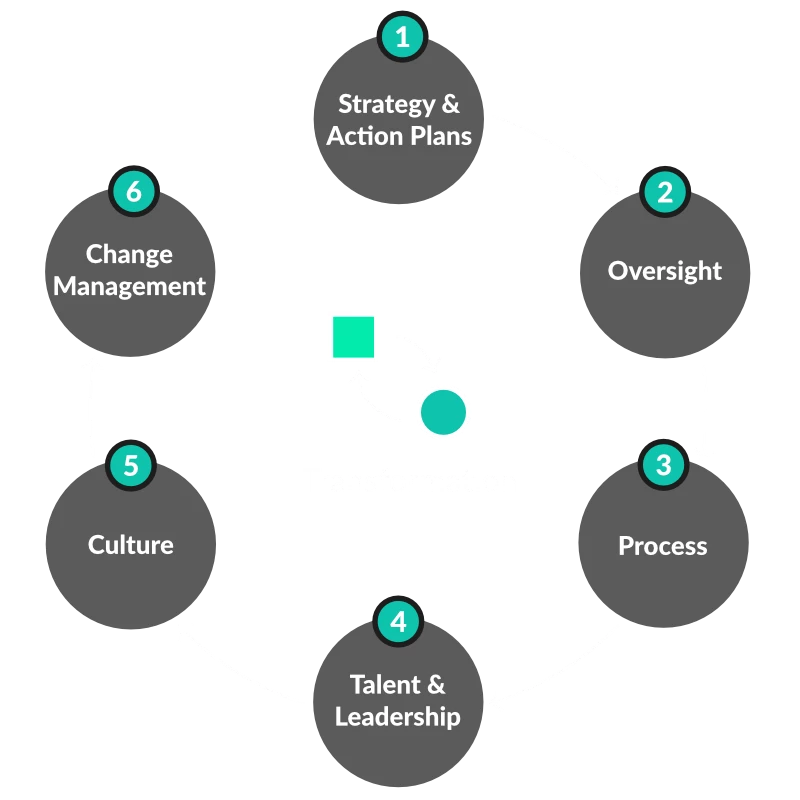 A 6-steps business transformation framework digram map, outlining the process guided by a solar business consultant.