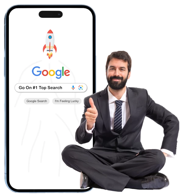 Business Man sitting next to Mobile phone showing Google search bar written go on #1 Top search