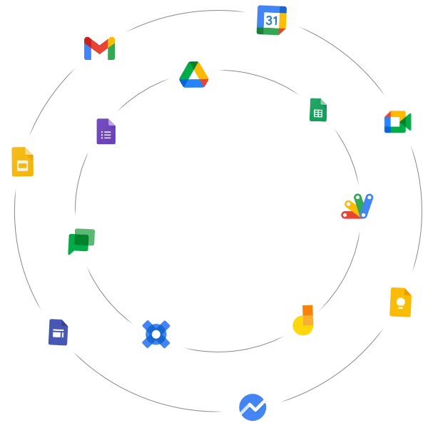 Google Workspace apps displayed on circle lines, representing Google Workspace Consulting services in Australia.