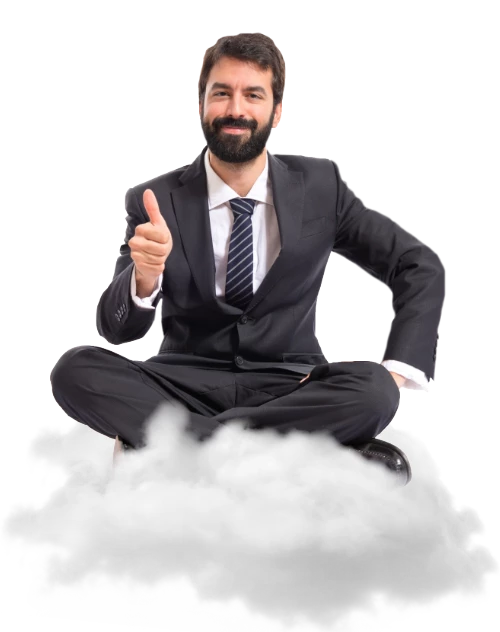 Businessman sitting on cloud showing thumb for solar website design features given by the Monkey Solar - Solar Website Design Agency in Sydney/Australia