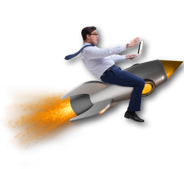 A man on a rocket, symbolizing the boost in solar business, thanks to the expertise of a solar business consultant.